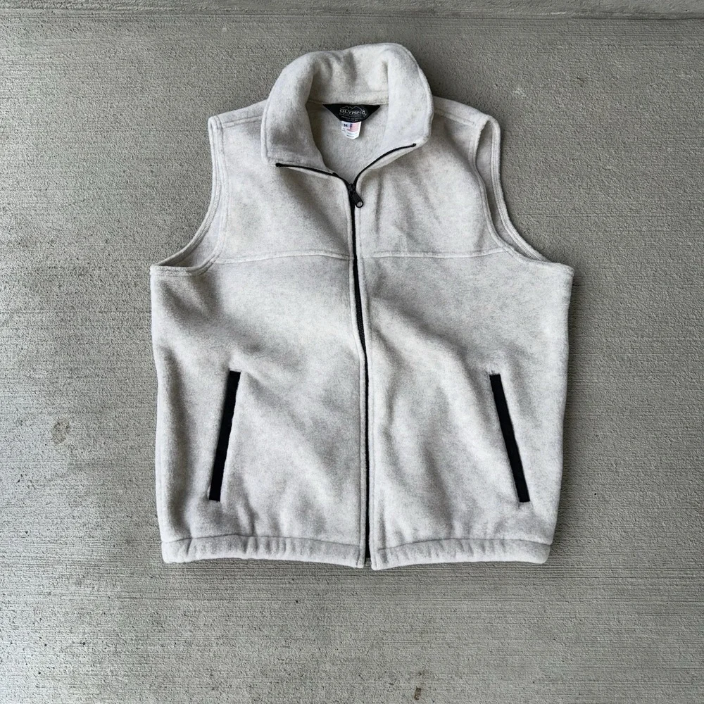 Olympic‎ Uniforms Fleece Vest Mens Medium Made In USA Full Zip Cream